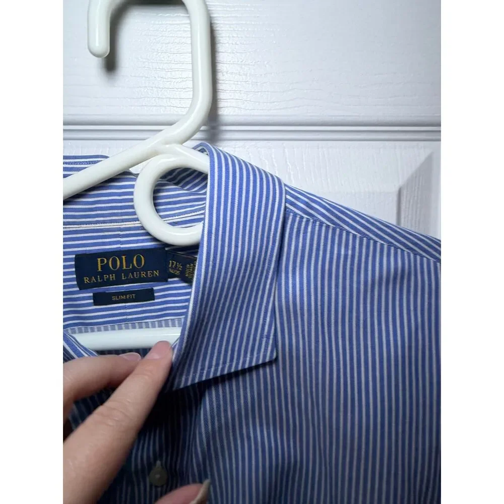 Polo Ralph Lauren Slim Fit Blue White Stripe Dress Shirt Mens 17.5 34/35